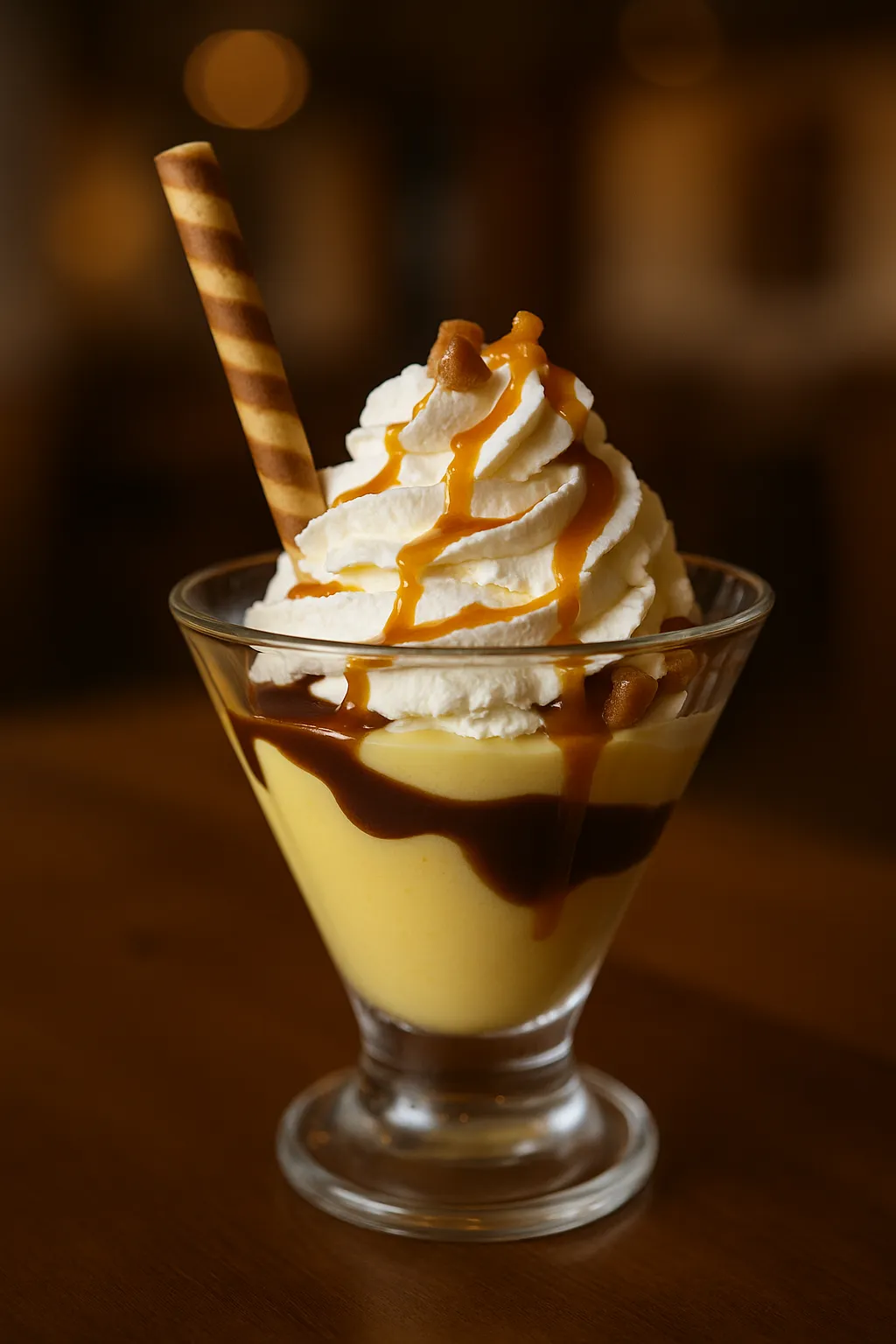 Fagylaltkehely tojáslikőrrel (vanília fagylalt, csokiskeksz fagylalt, tojáslikőr, tejszínhab, karamell öntet)